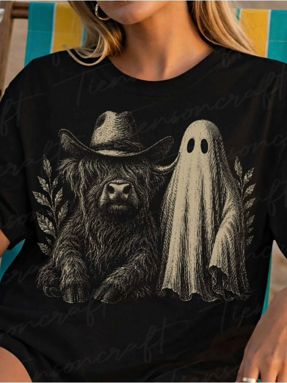 Graphic Tee with Cowboy Highland Cow and Ghost